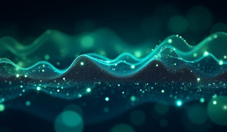 Abstract visualization of algorithmic data patterns in green and blue tones