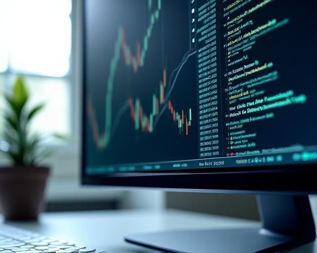 Code snippet overlaying a professional candlestick stock chart